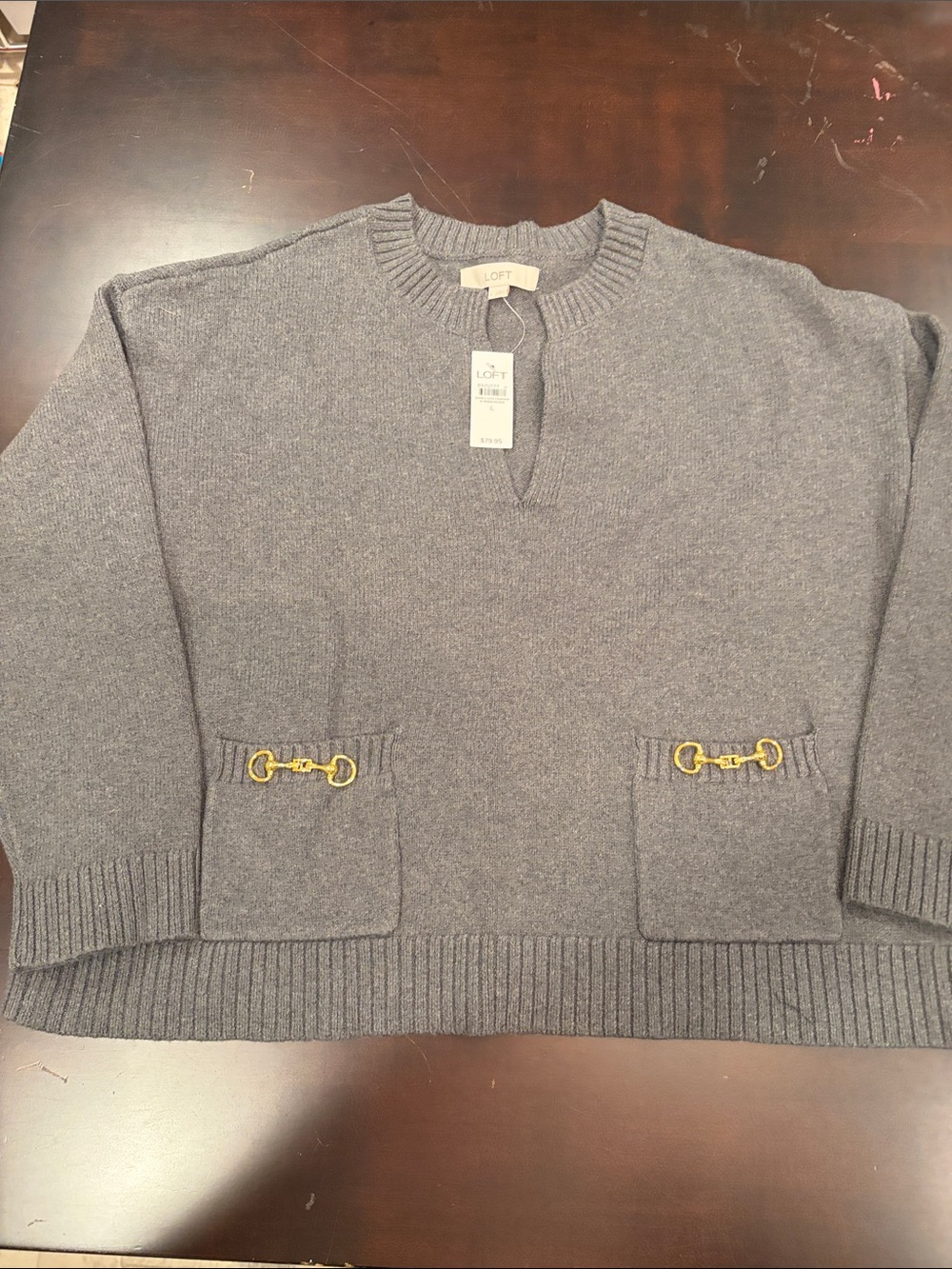 LOFT Gray Crewneck Sweater with Gold-Tone Pocket Hardware